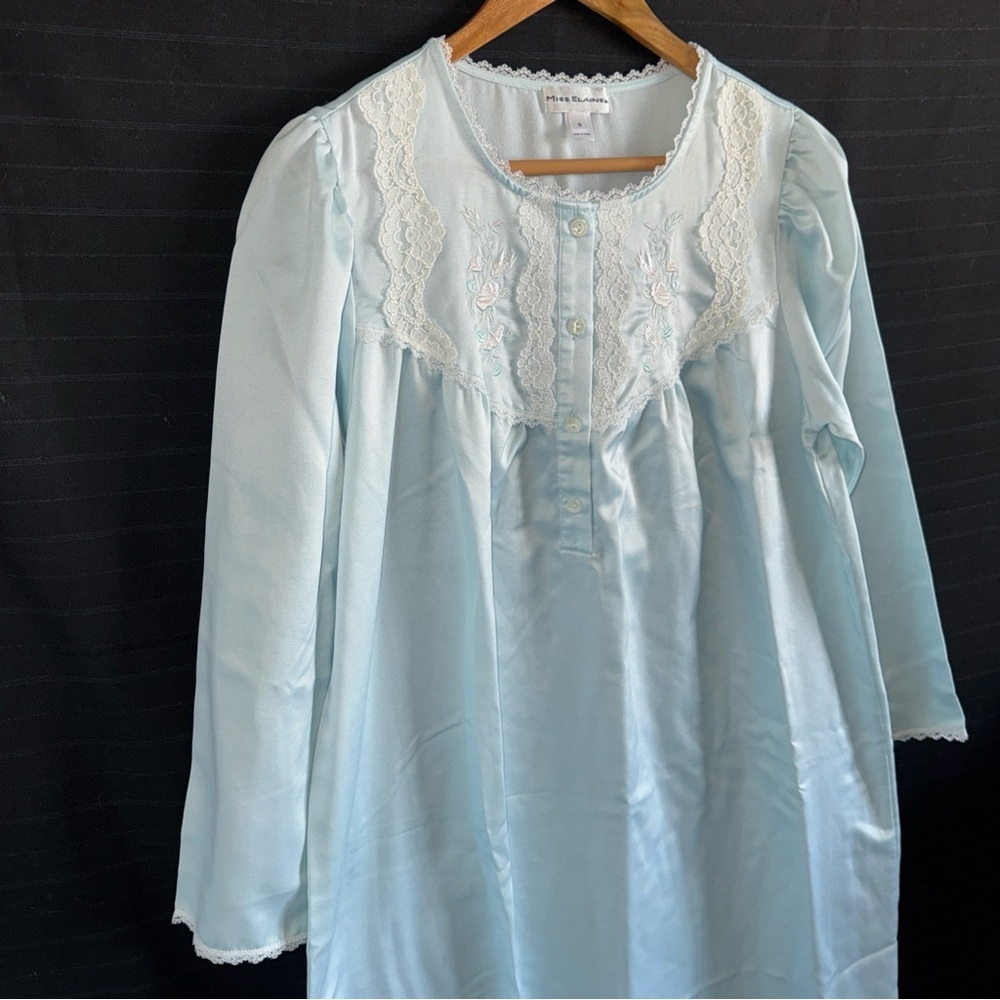 Miss Elaine Blue Lace Embroidered Night Gown S Long Sleeve 45 inch length - Picture 3 of 9